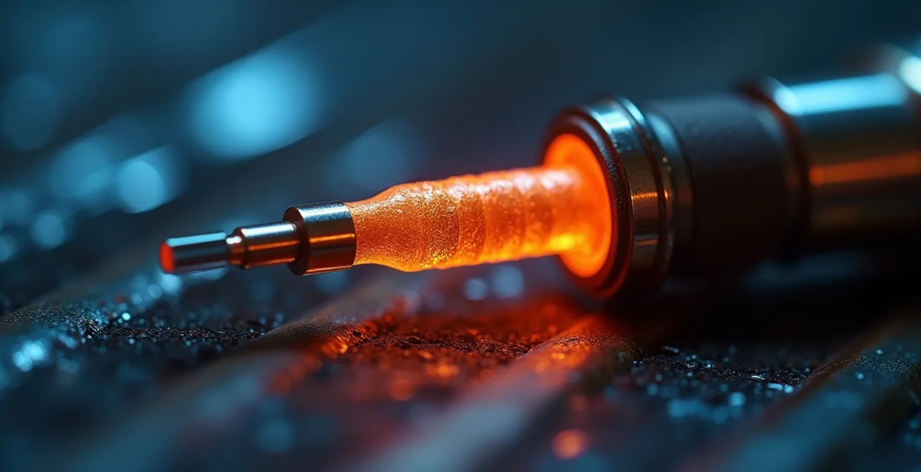 Détail macro d'une sonde thermocouple montrant les effets thermiques