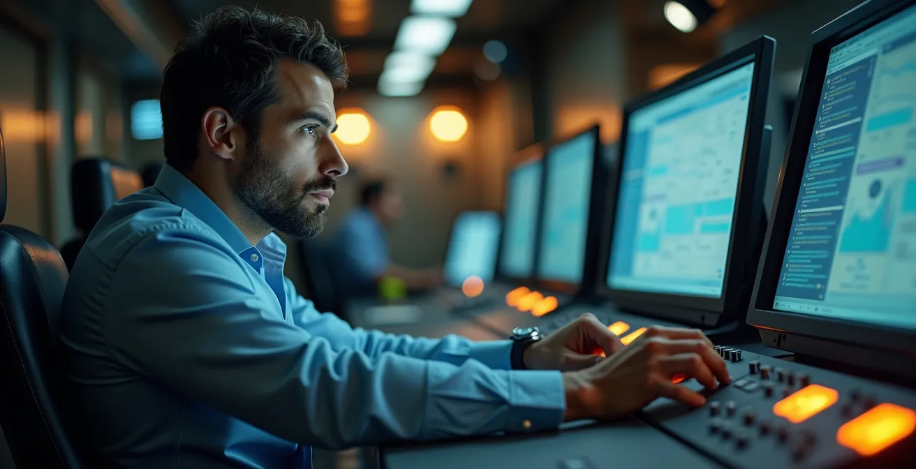 Opérateur en salle de contrôle surveillant les données des capteurs de température