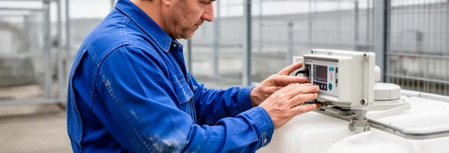 Technicien consultant boîtier télésurveillance sur station carburant conteneurisée hors sol